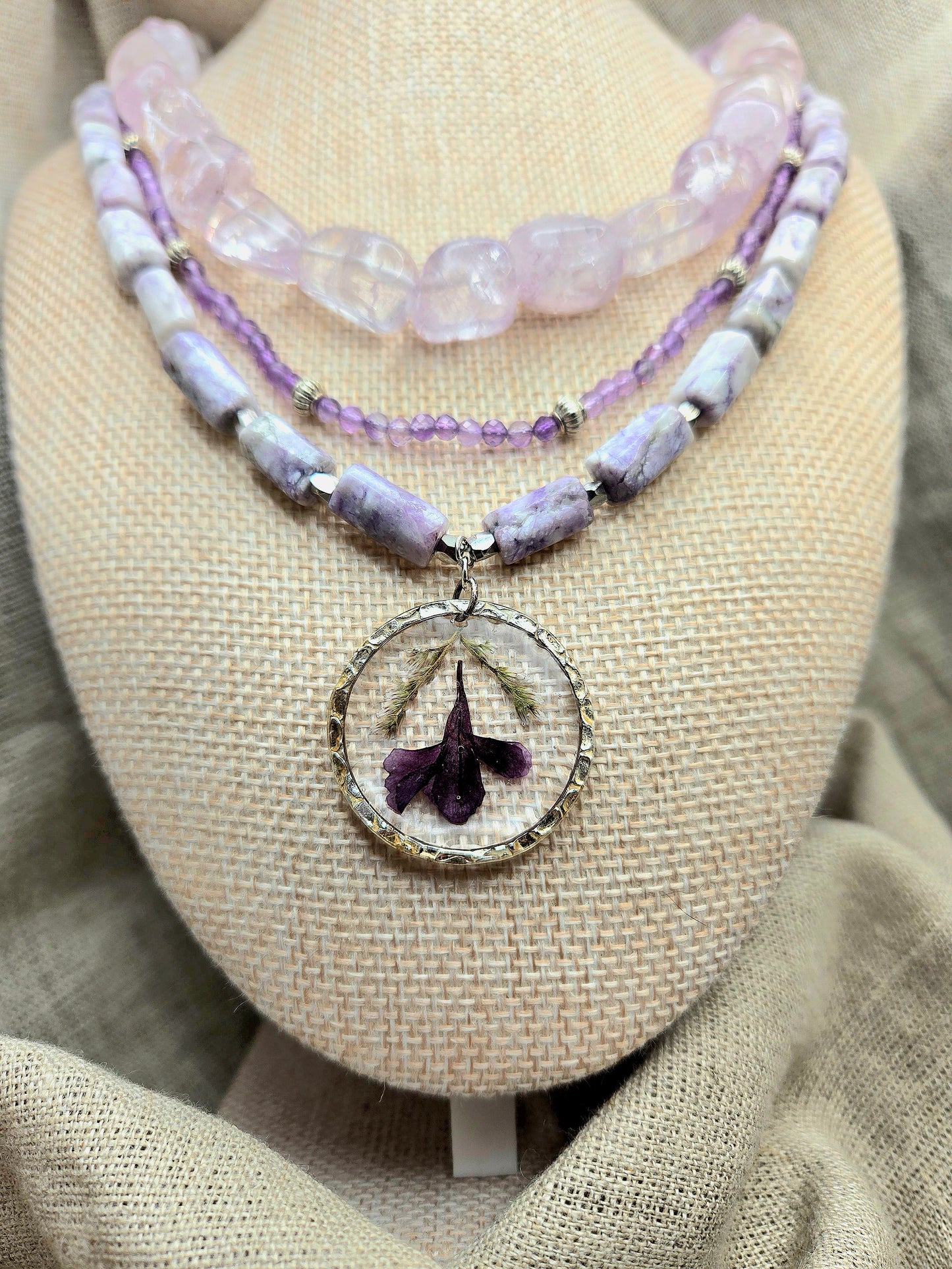 Three tier necklace in purple with silver details