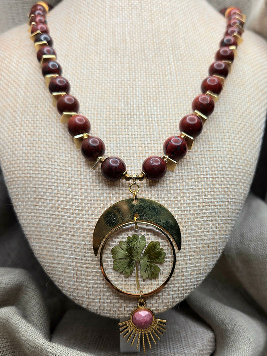 Poppy jasper necklace with crescent and sun burst detail