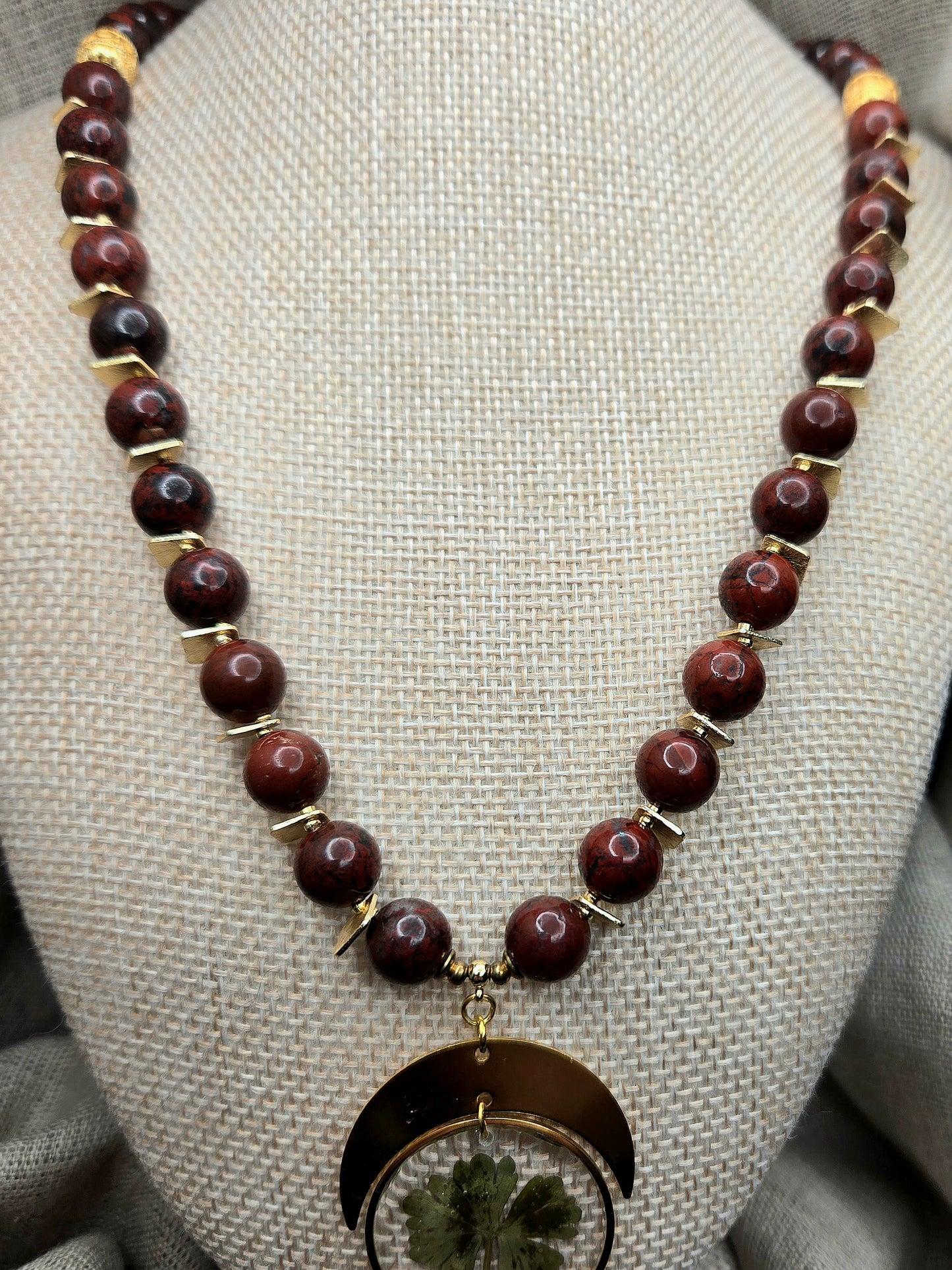 Poppy jasper necklace with crescent and sun burst detail