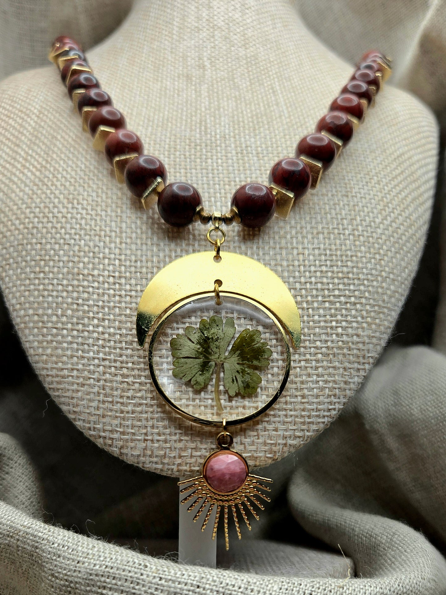 Poppy jasper necklace with crescent and sun burst detail