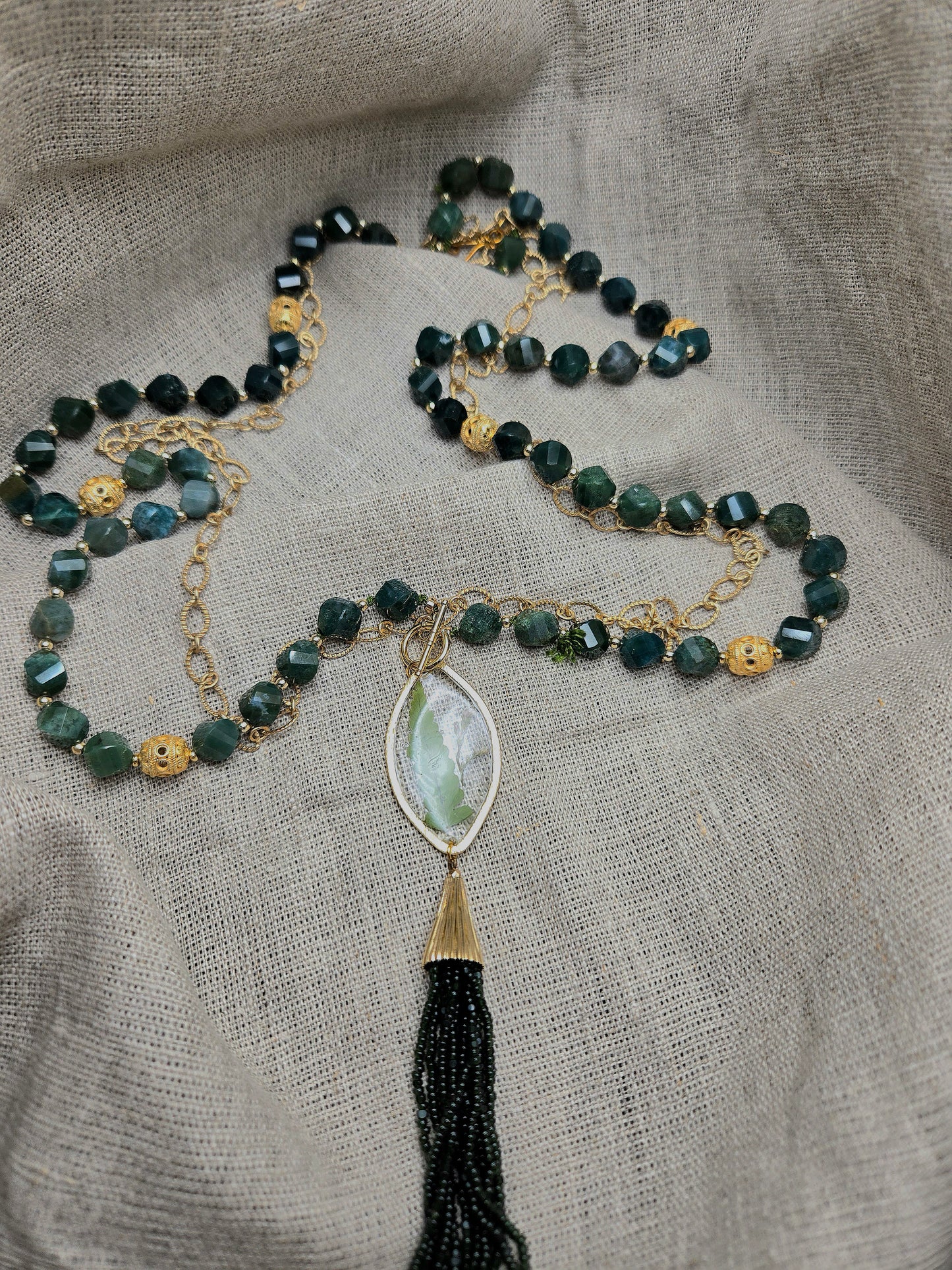 Long necklace with green moss agate