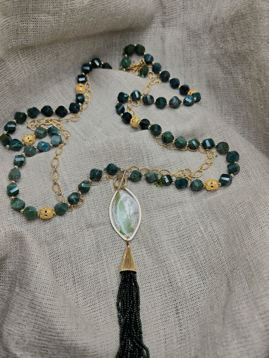 Long necklace with green moss agate