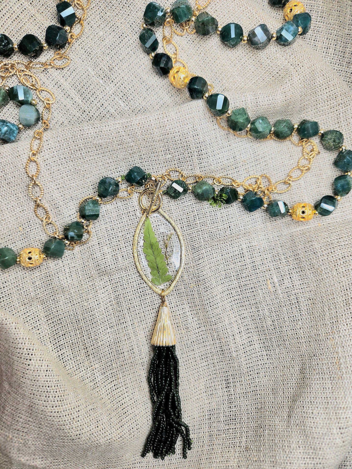 Long necklace with green moss agate