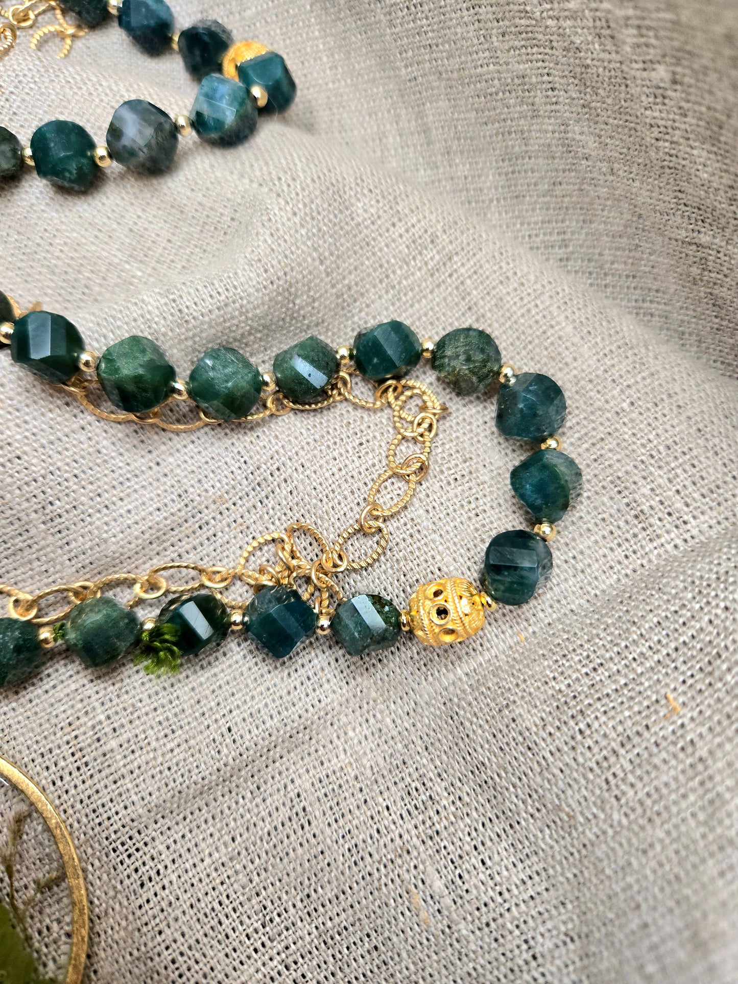 Long necklace with green moss agate