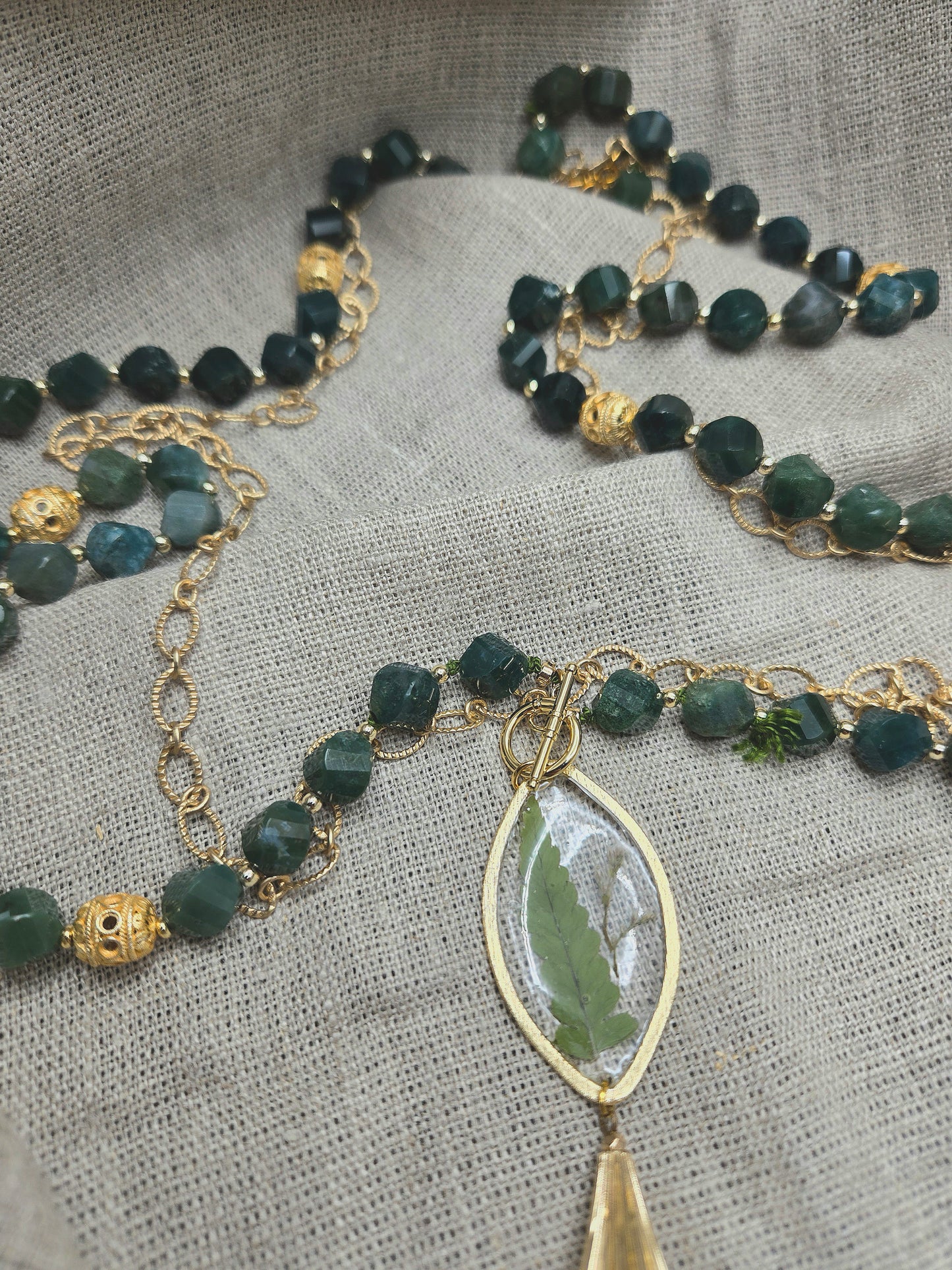 Long necklace with green moss agate