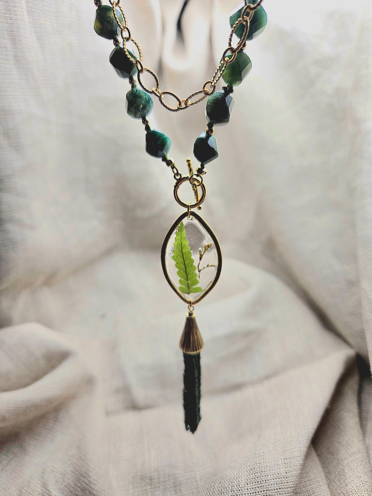 Long necklace with green moss agate