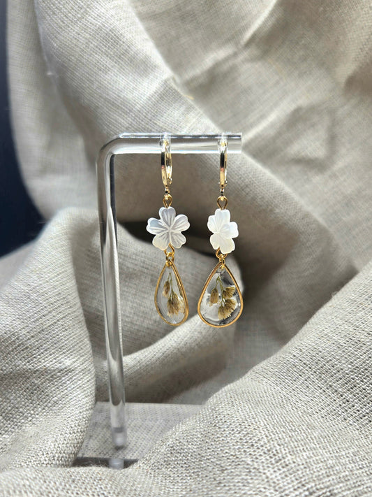 Dainty earrings with teardrop cast flower and pearl daisy.